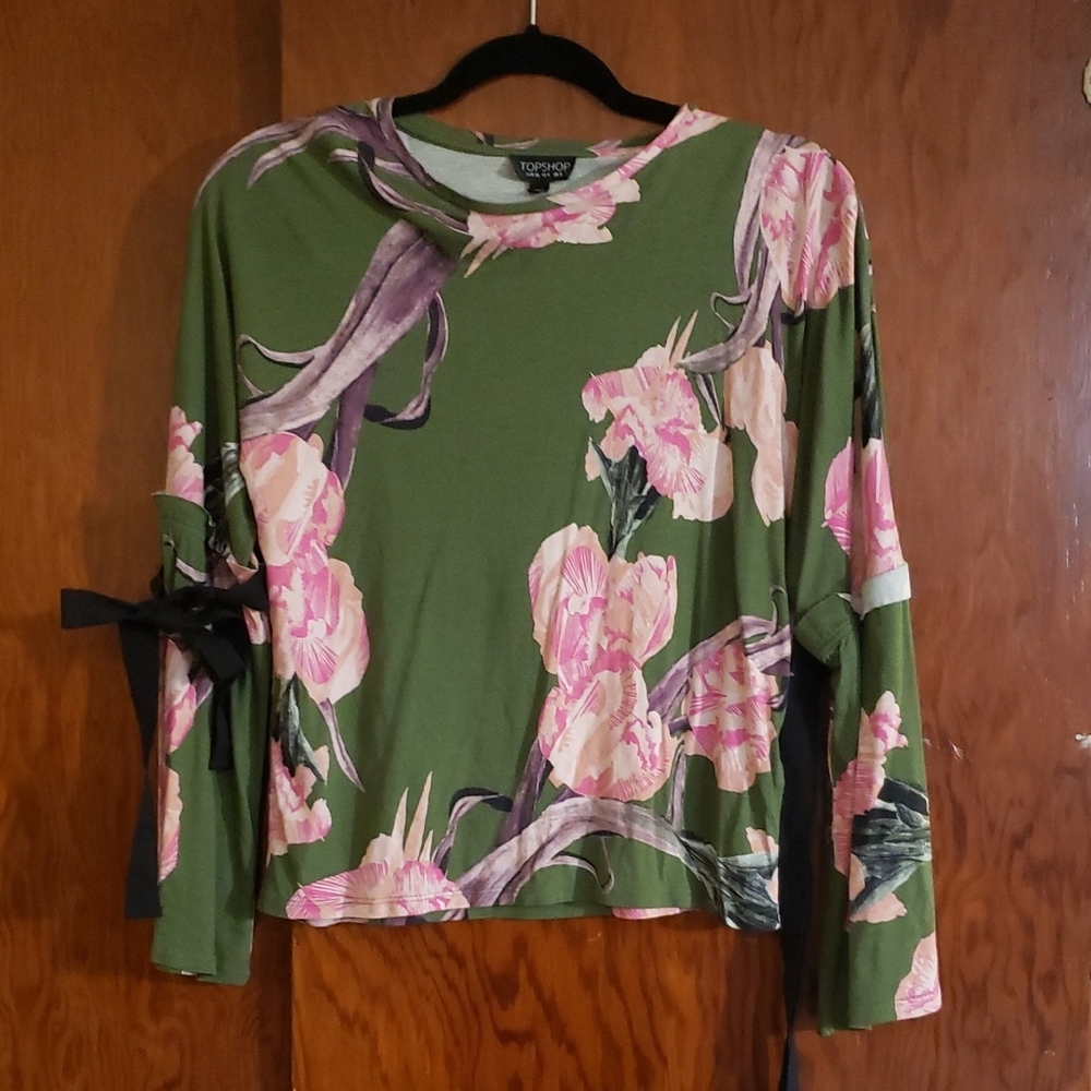 Topshop Olive Green Floral Long Sleeve Top